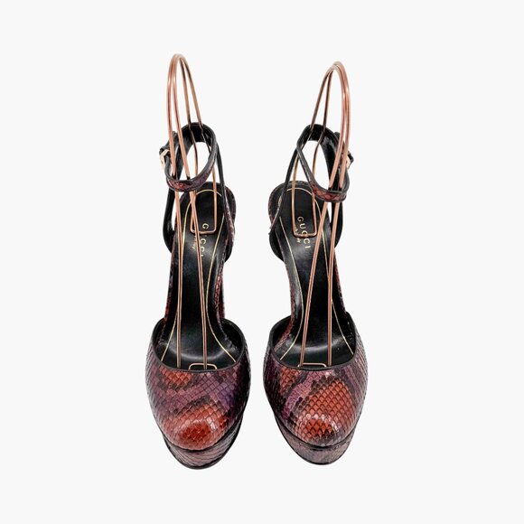Gucci Huston Platform Pump Size 37 US 7 Red Burgundy Python Snake Mary Jane Heel - Picture 2 of 12